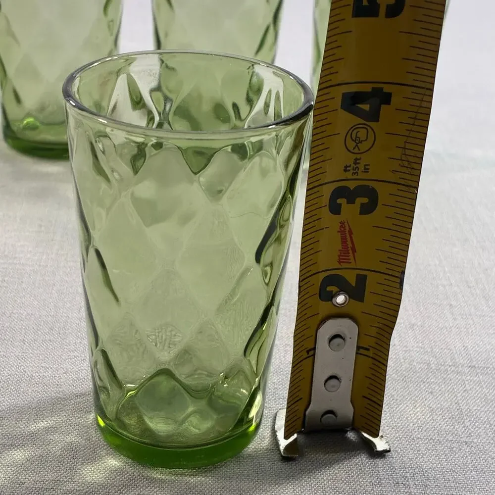 Vintage Avocado Green Diamond Point Glass Tumblers Set of 5 Juice Glasses 4 Inch